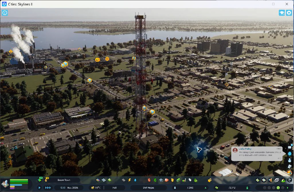 The new telecom tower between the older neighborhoods and downtown.
