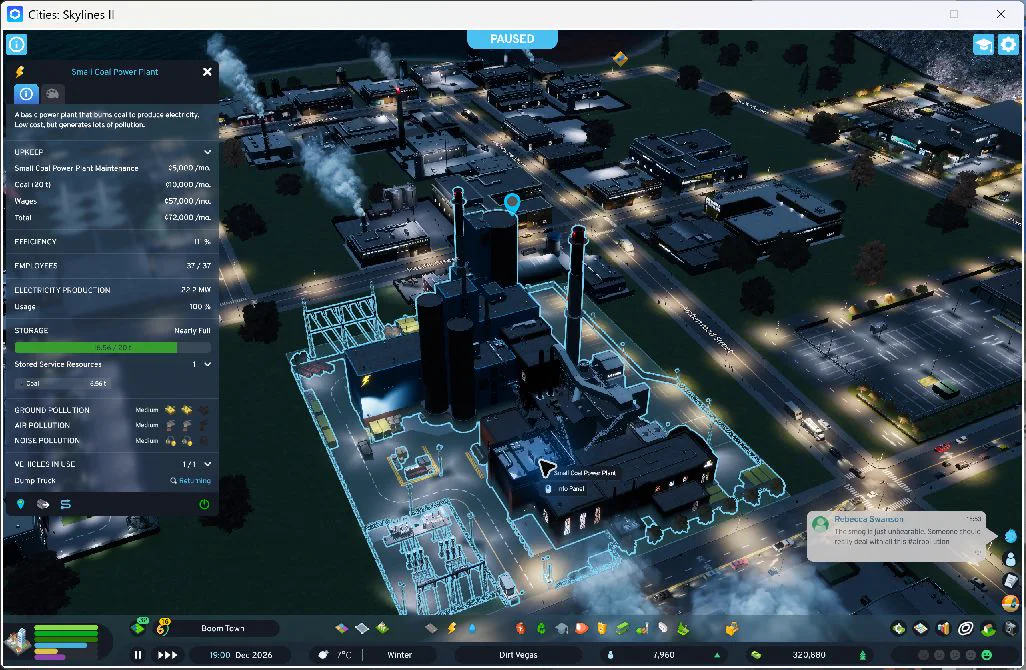 The coal plant after both problems were resolved: no warnings, 37 staff, and 22.2 MW of production.