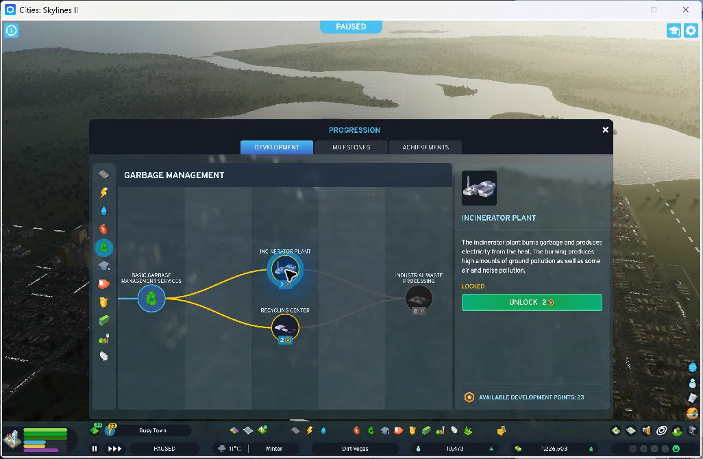 17:42 — The incinerator on the development tree before its two-point unlock. Ten development points were spent over the whole session; thirteen remained.