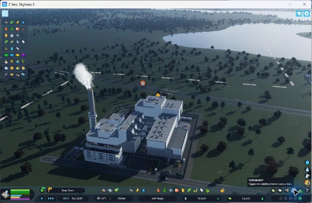 18:01 — The incinerator built on its new parcel, with its access road visible along the front. Warning icons remained during startup.