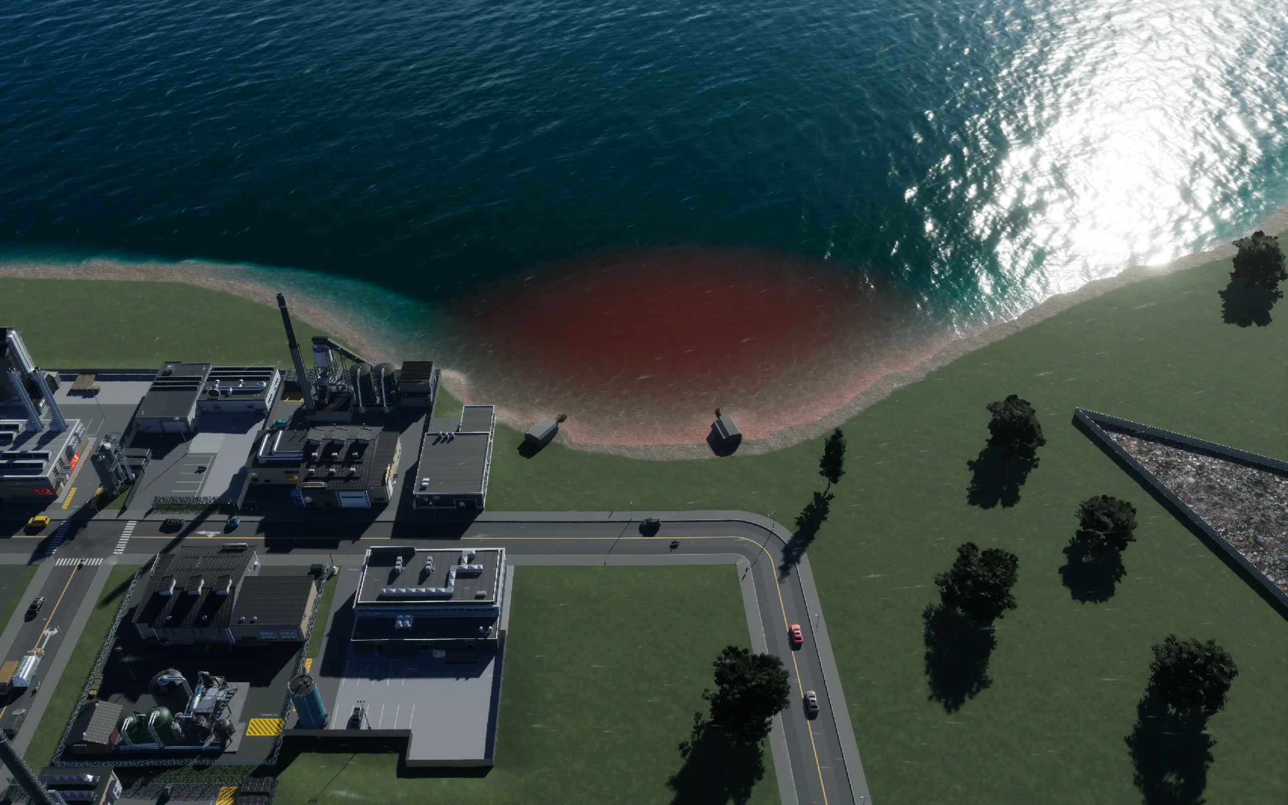 Both connected outlets on the existing industrial shoreline. The water pollution remains visible.