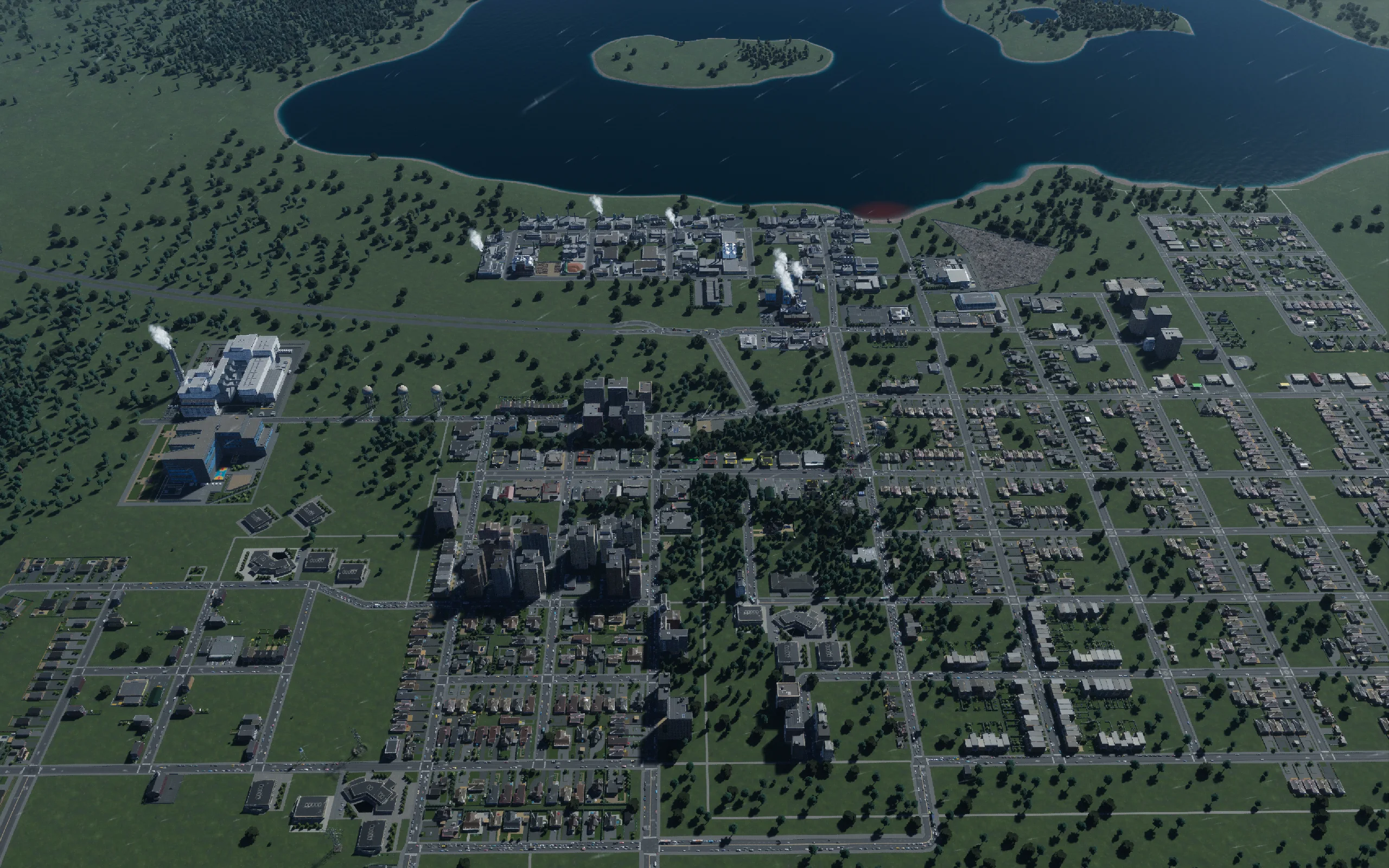 Final overview: the service compound, industrial shore, campus and neighborhoods remain connected within the existing footprint.