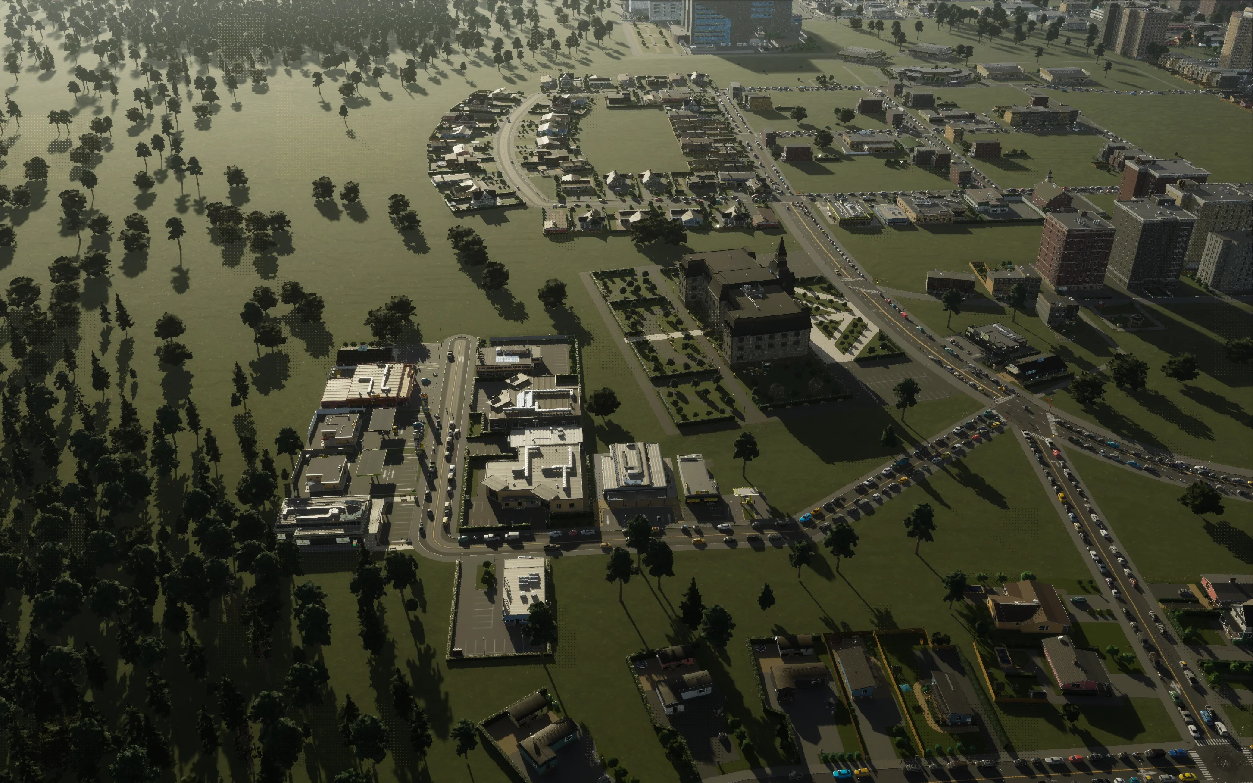 The new college and adjoining campus employment street later in the session. This view follows the construction and enrollment checks.