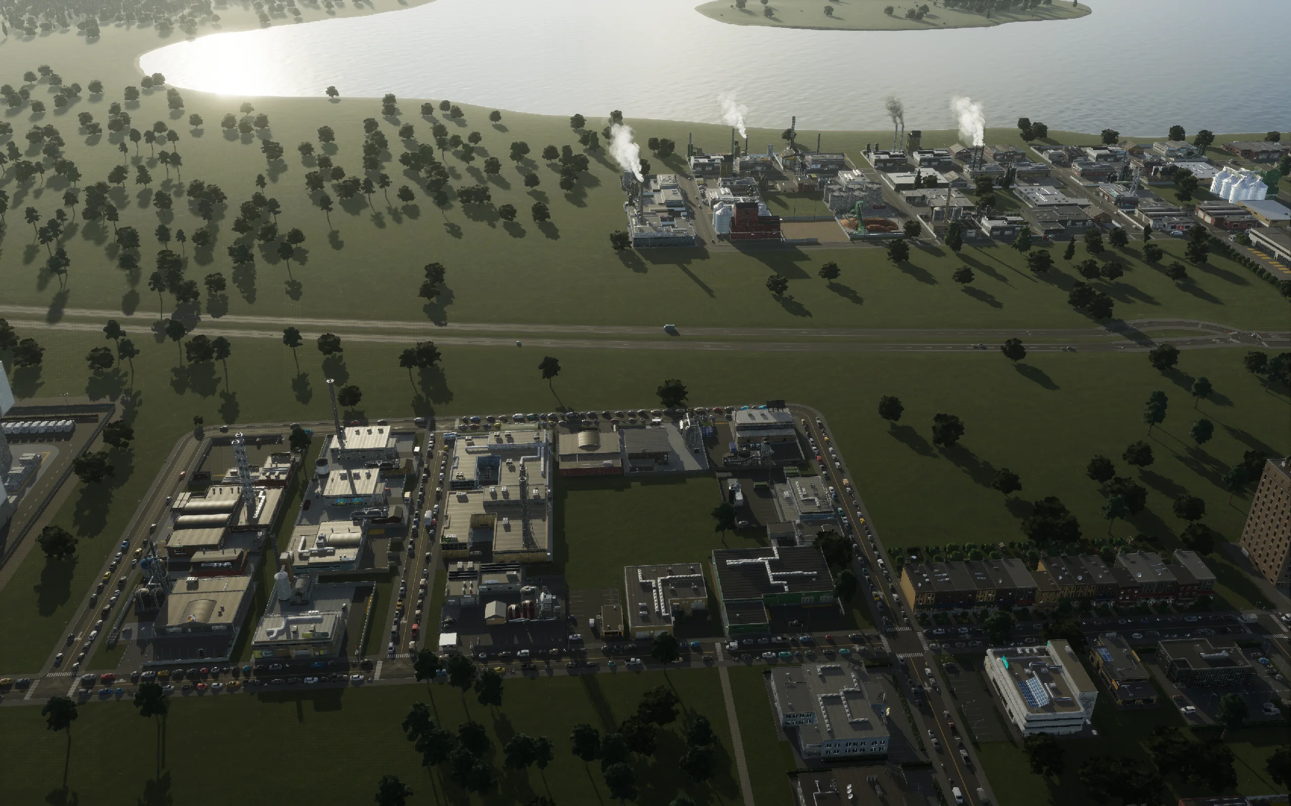 Closing view of the expanded industrial employment area. The earlier cranes have given way to factory buildings.
