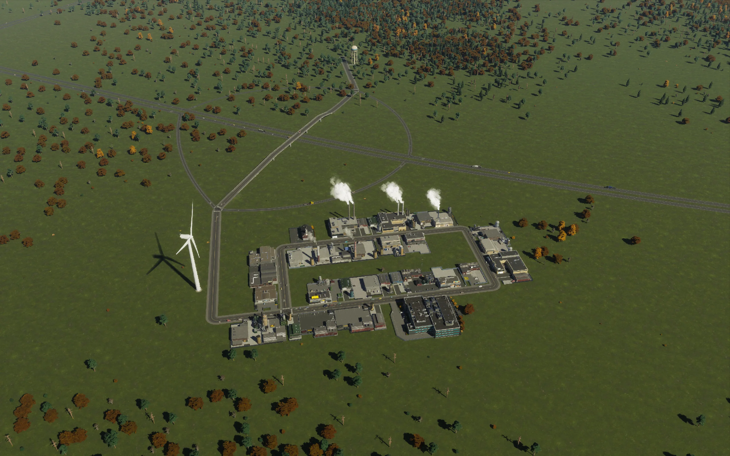 The freight district after the first manufacturing addition: 33 completed factories at this intermediate inspection, before the final northern-frontage pass.