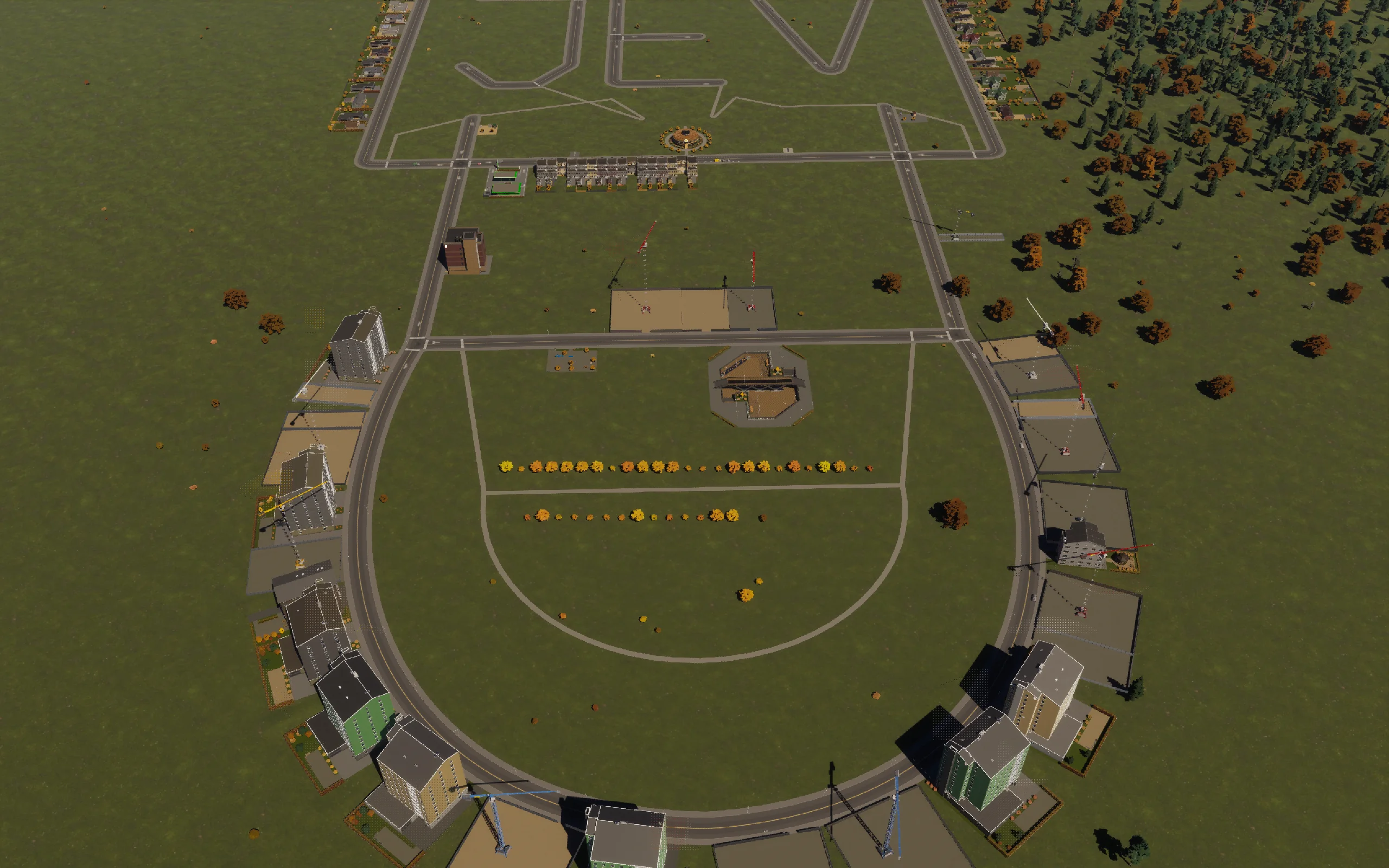 The crescent under construction, with the plaza and first planting in place.