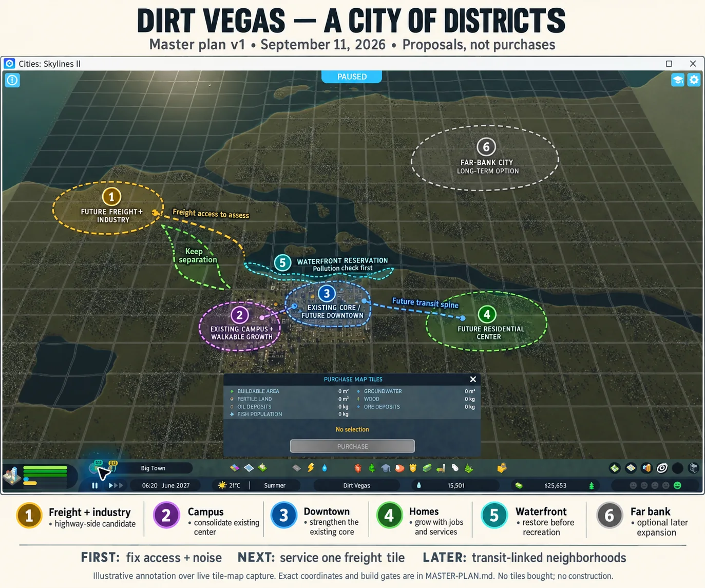 Dirt Vegas master plan showing six proposed districts and connecting corridors