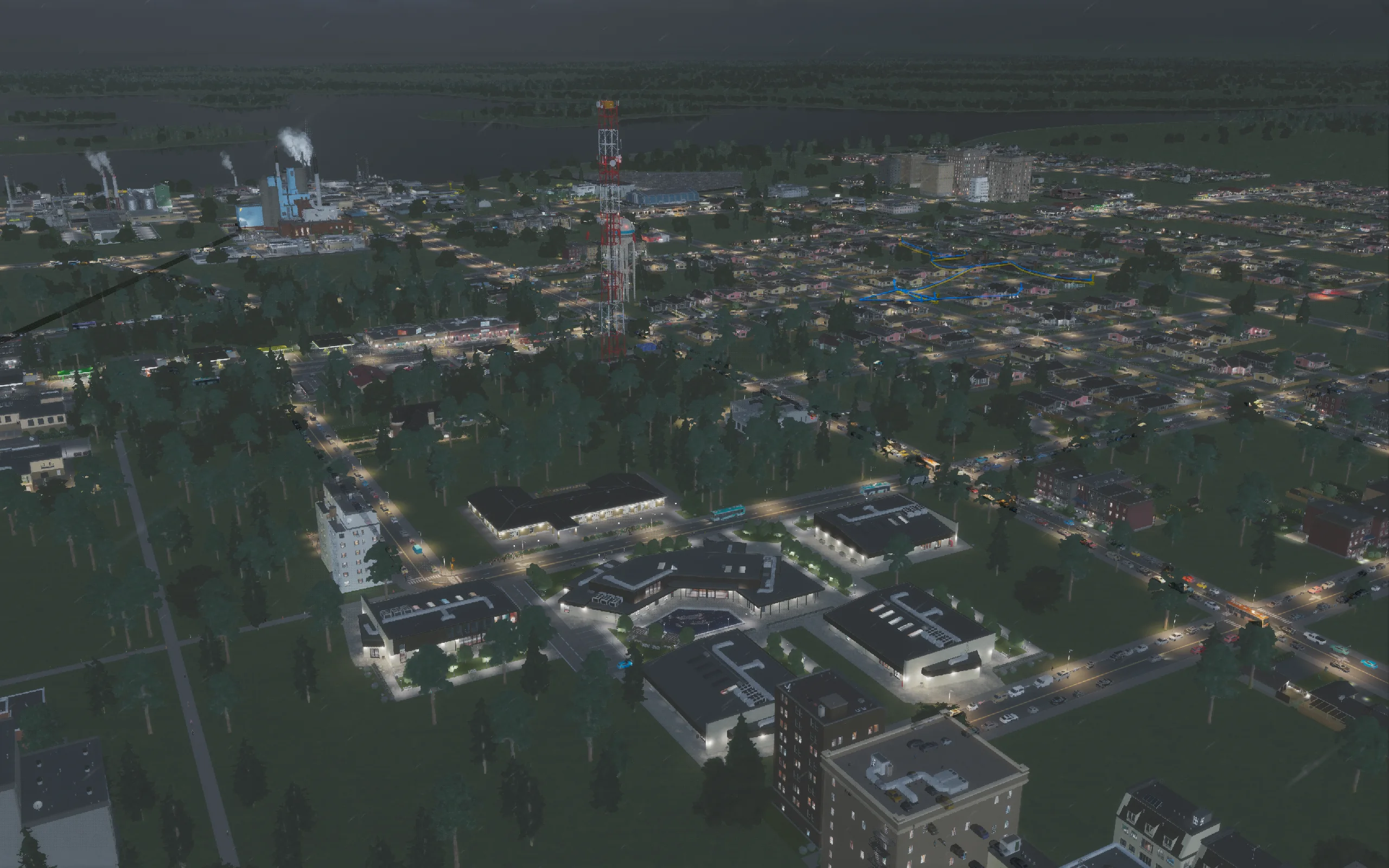 The main campus and surrounding city in the closing evening view.