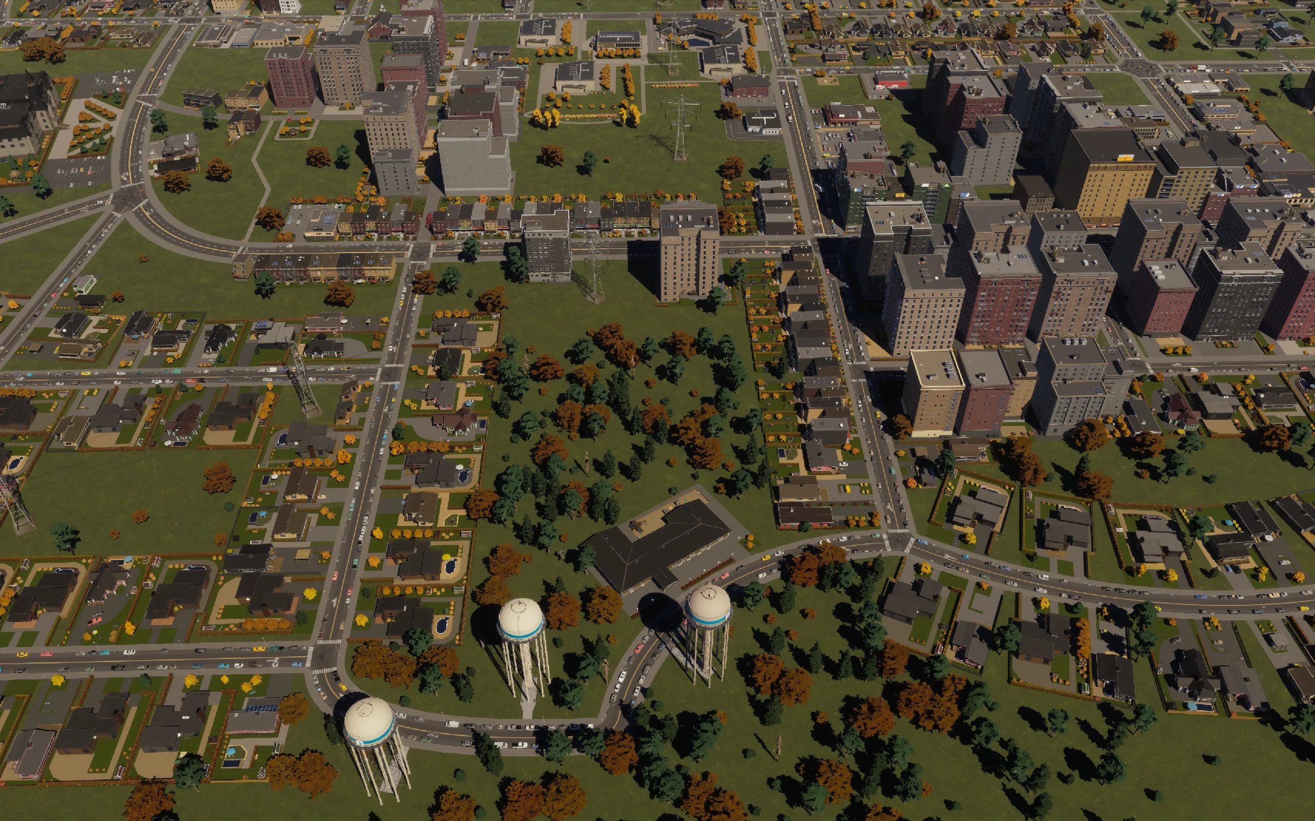 The new elementary school beside the western neighborhood and water towers.