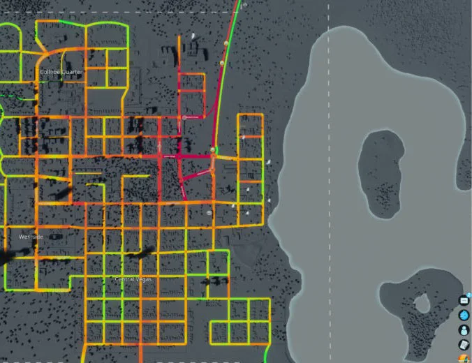 Traffic overlay with the highway and central streets in red and orange