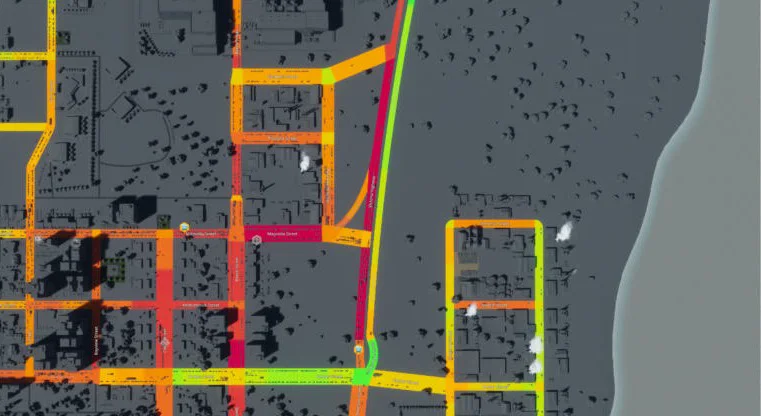 Traffic overlay after the roundabouts were removed, with the entrance junction now green
