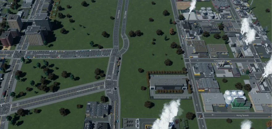 The highway running straight into Madison Street with a one-way road branching west and light traffic
