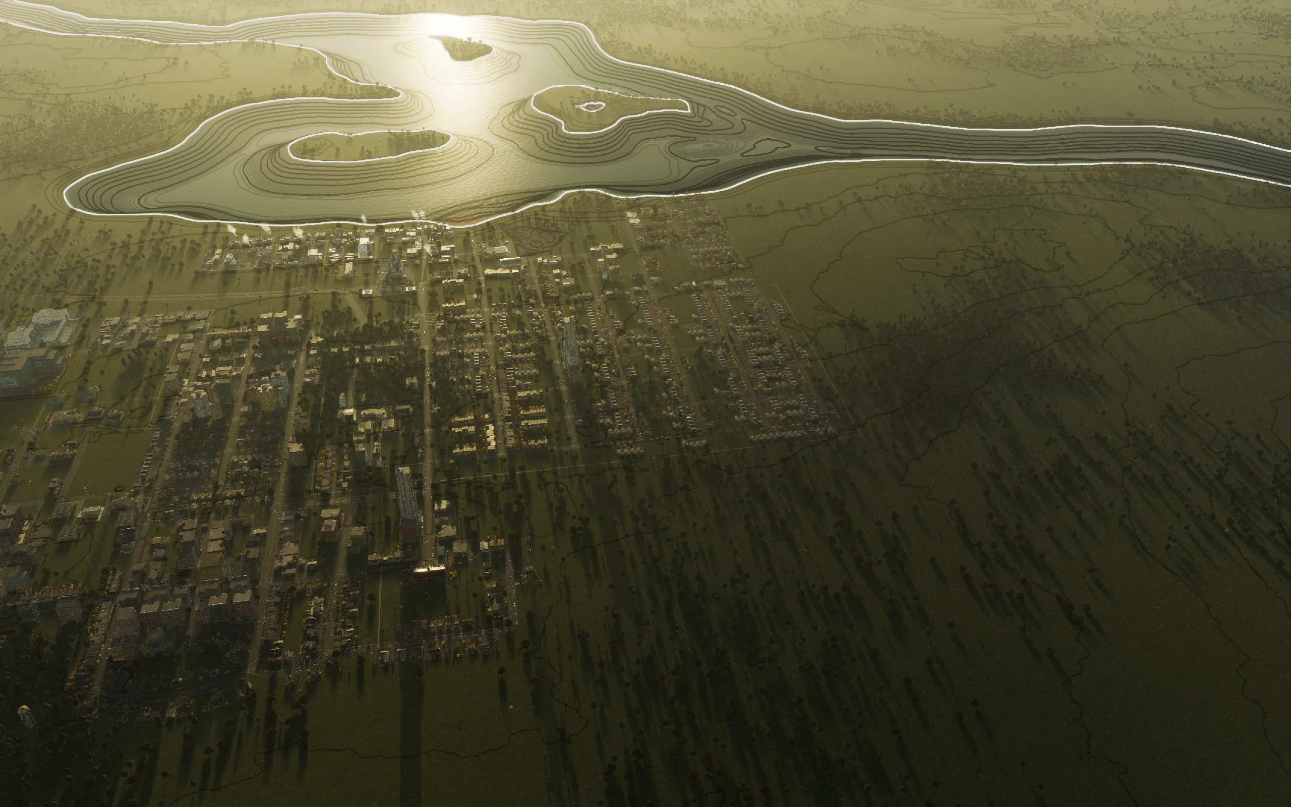 The riverbank before this session’s construction. The new community was subsequently placed one tile farther along the shore than the first layout.