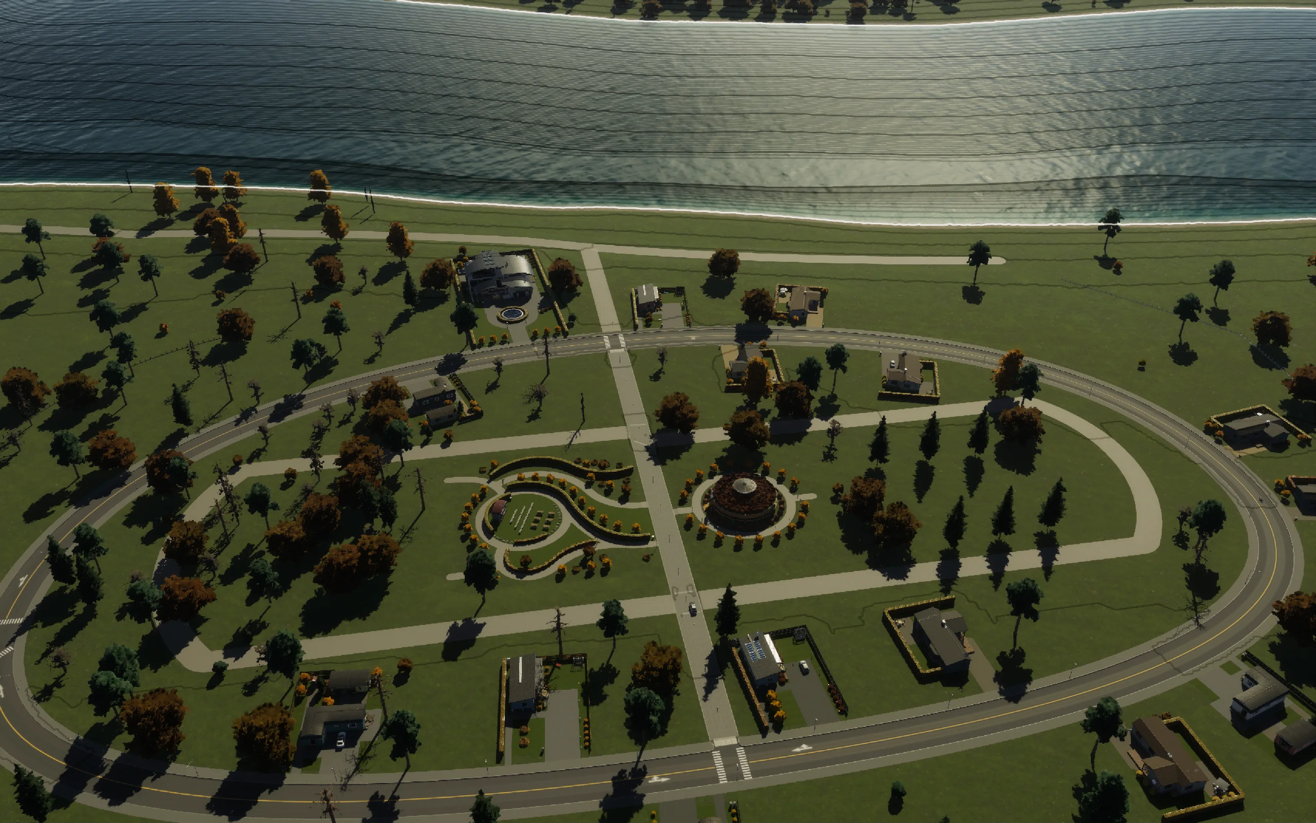 The completed Hedge Park, café, pedestrian street, and paired spruce rows. The Film Actor Mansion stands beside the river walk.