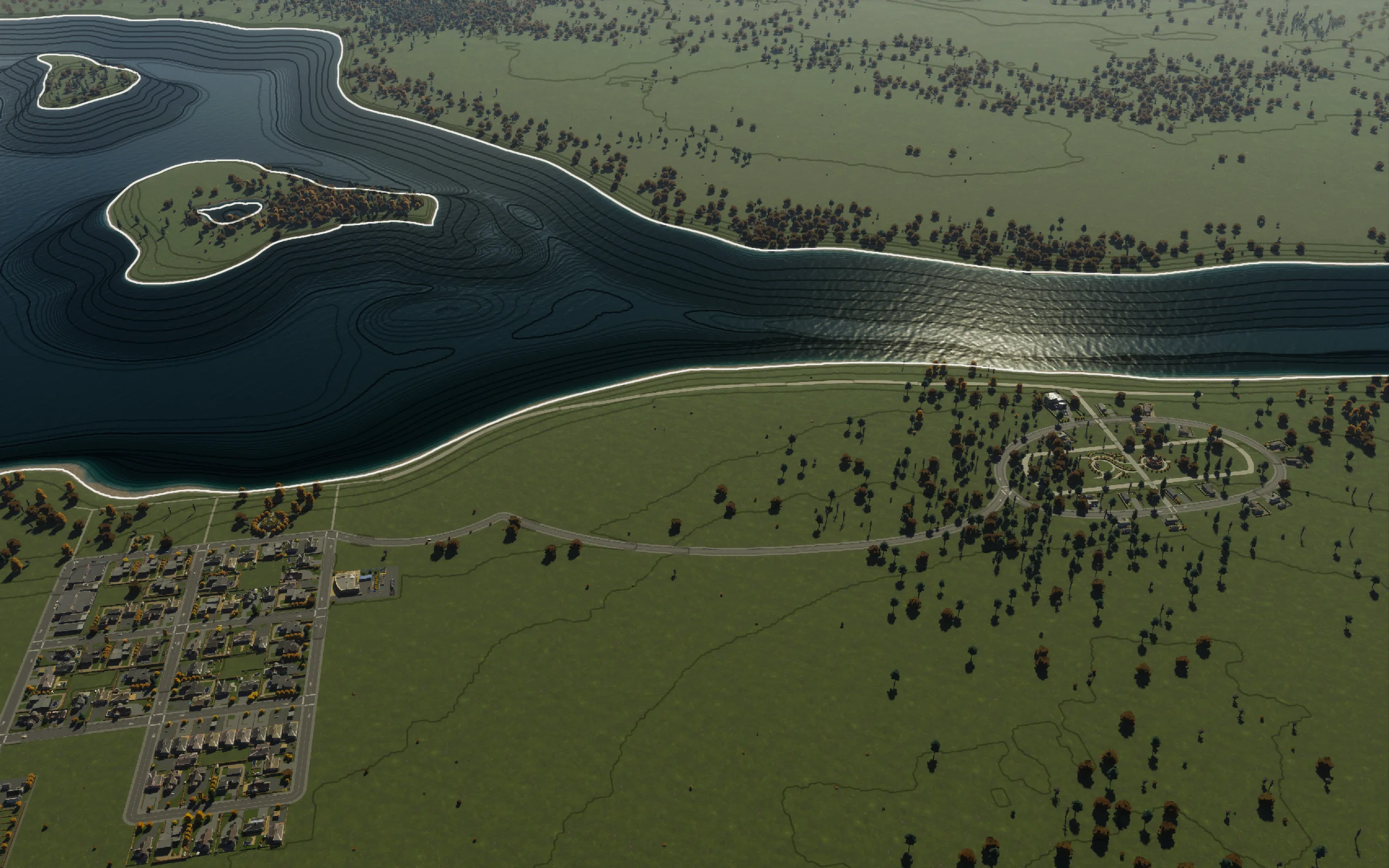 Existing suburbs at left, Rivergate at right, and the preserved green approach between them. The maintenance depot sits near the old city edge.