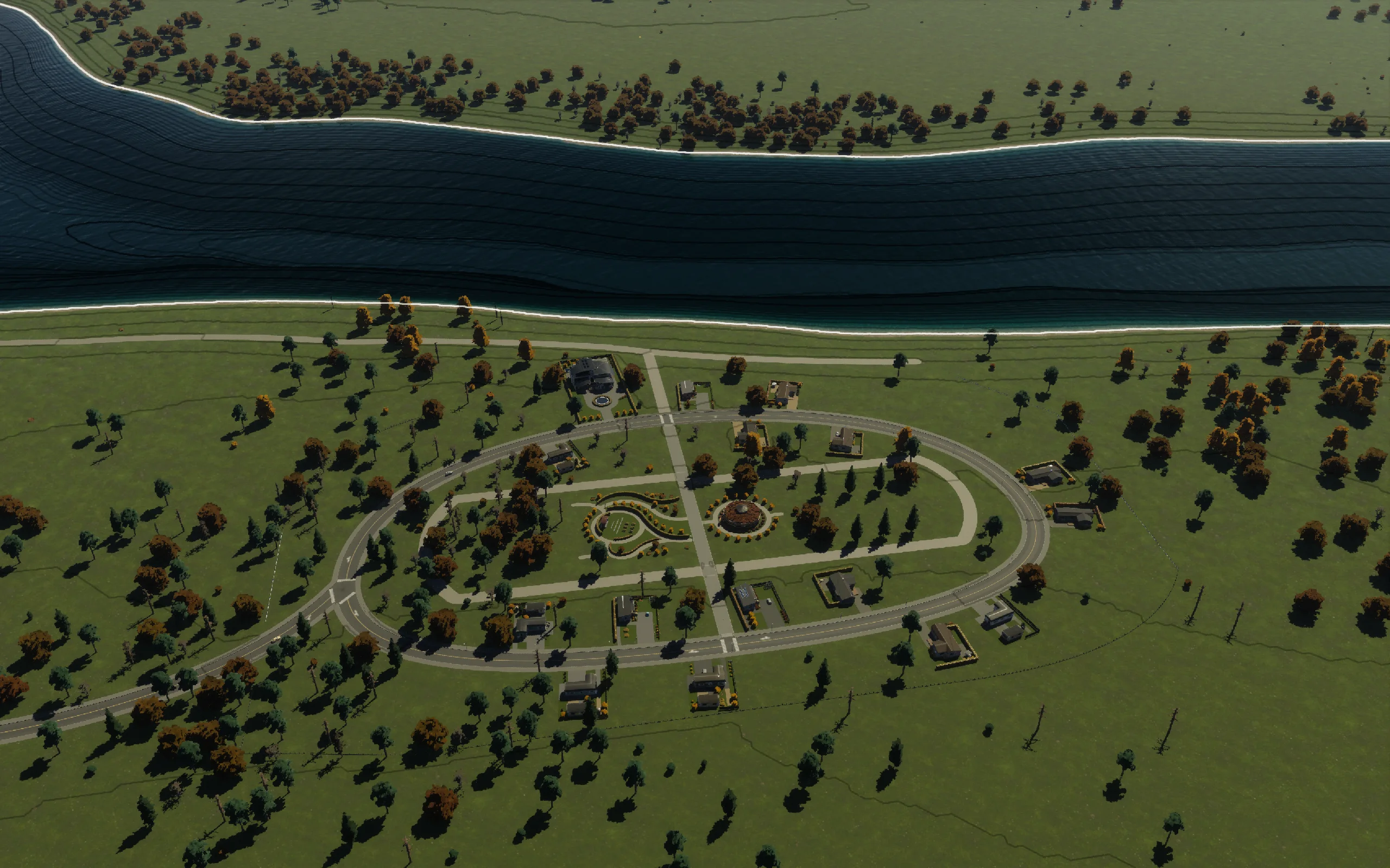 Completed Rivergate at 10:05 in the native September 2027 calendar, immediately before the verified final save. All photographs are original 2560 × 1600 game Photo Mode captures; the existing contour overlay remains visible.