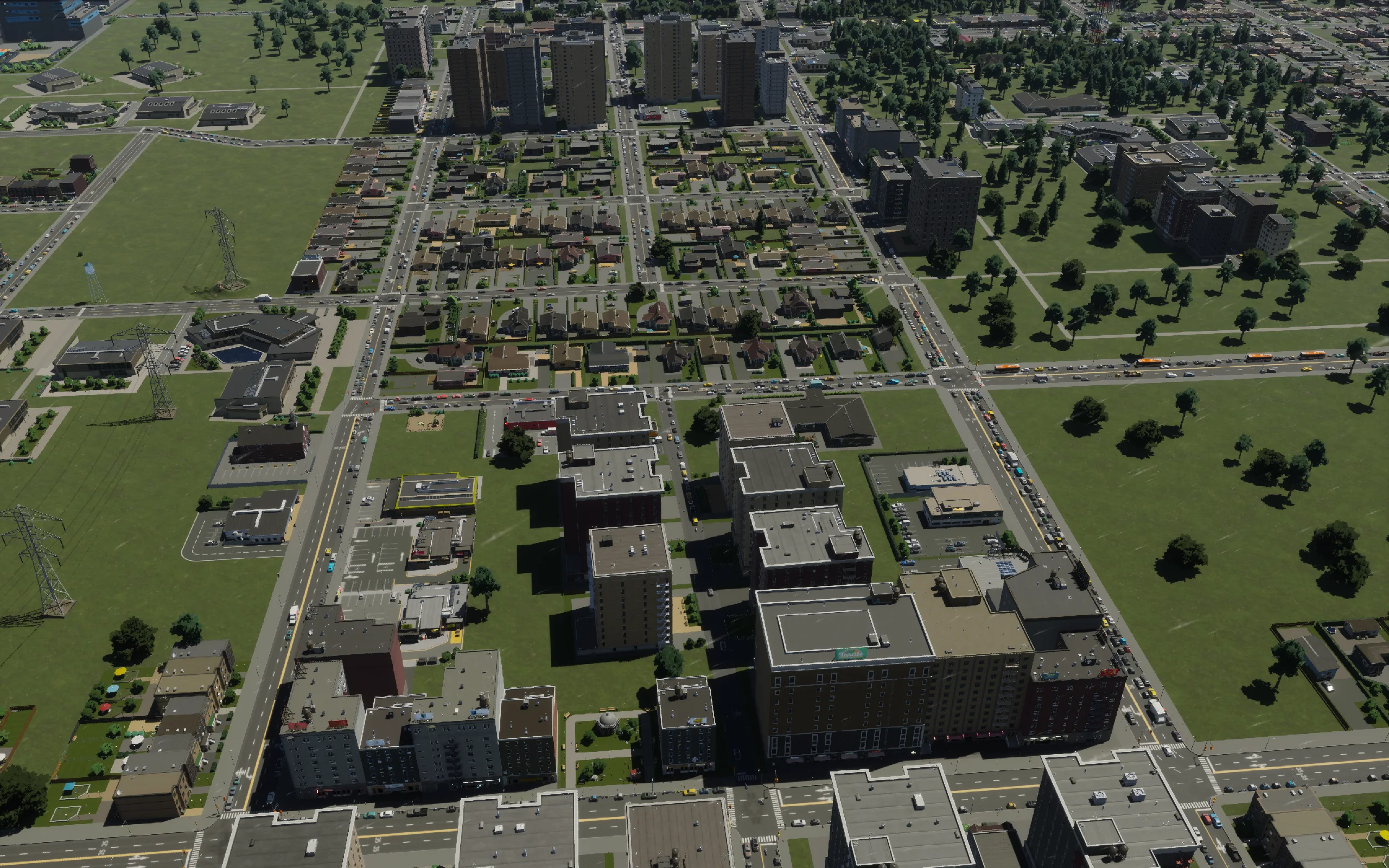 The completed infill block and its services, viewed after the new apartment buildings had grown.