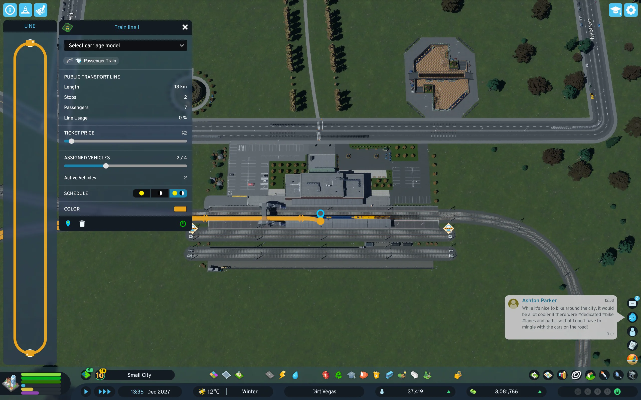 Train Line 1 panel showing two active vehicles, two stops, a fare of two and a passenger train at the station