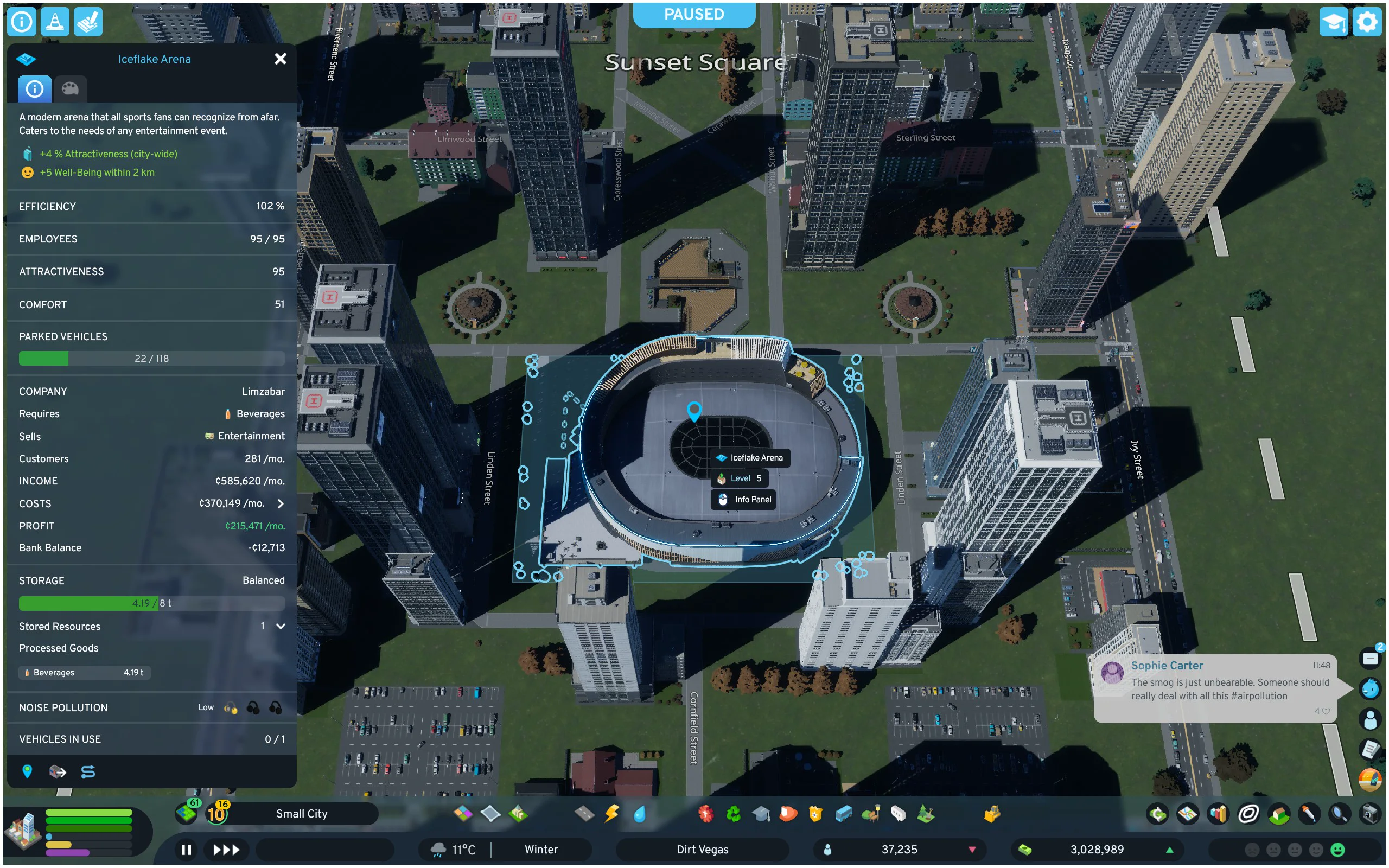 Iceflake Arena's information panel showing 281 monthly customers and positive operating profit