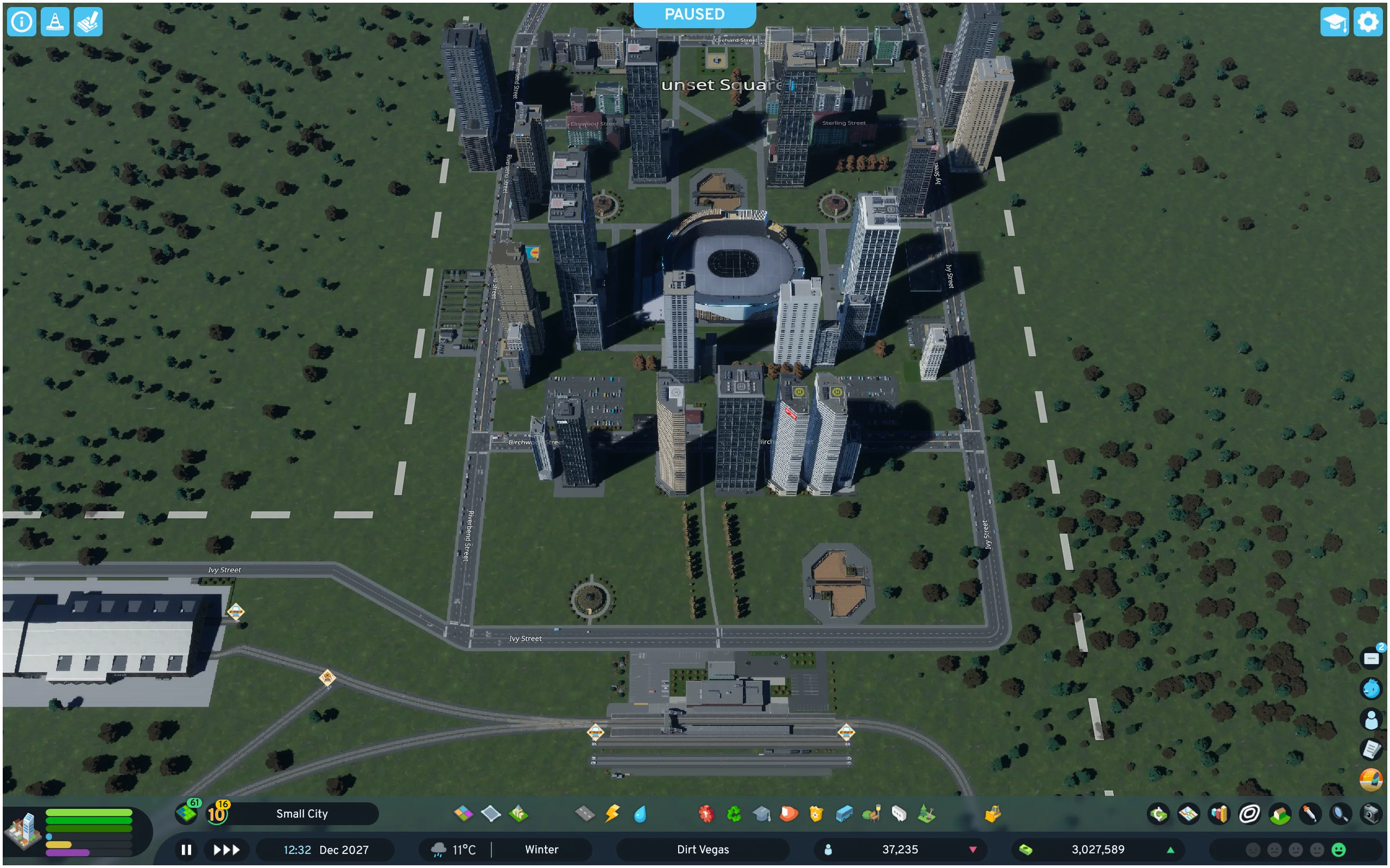 Sunset Square's arena and towers, with a new southern railway station and birch-lined walking approach