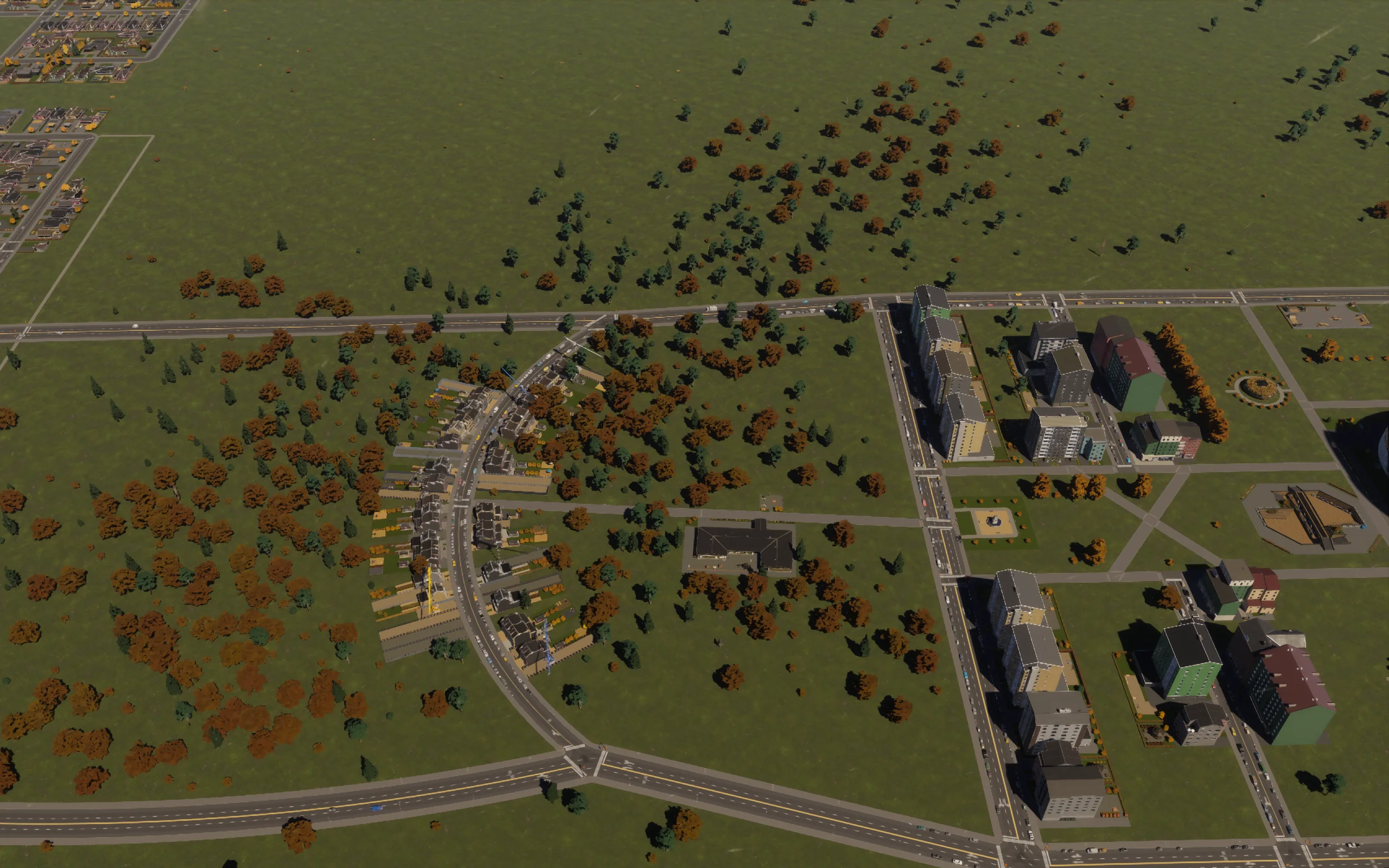 The wooded crescent, small school and walking connection to the square.
