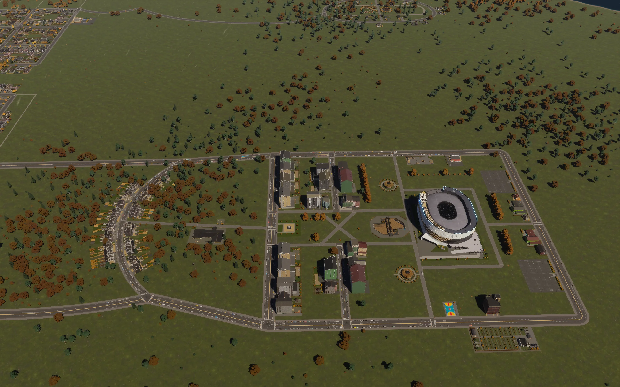 The completed layout before the final checkpoint: a new town center with an arena at its heart.
